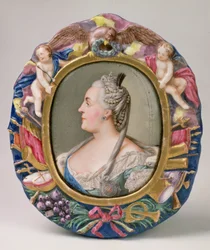 Catalina II (1729-96) después de un retrato de Feodor Rokotov, esmalte y cobre, marco de la Fábrica Imperial de Porcelana, San Petersburgo